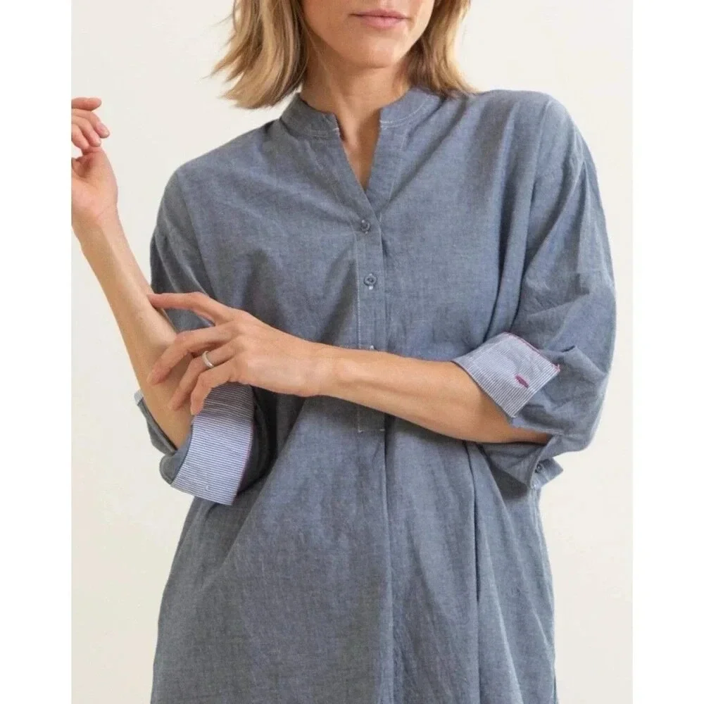 Mer sea Blue Chambray Essential Shirt Dress Minimalist Coastal Beach L/XL - Picture 2 of 12